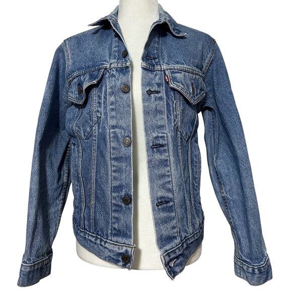 Vintage 80s Levis Denim Jacket Size Small Button Med Wash USA Distressed Trucker - Picture 1 of 11